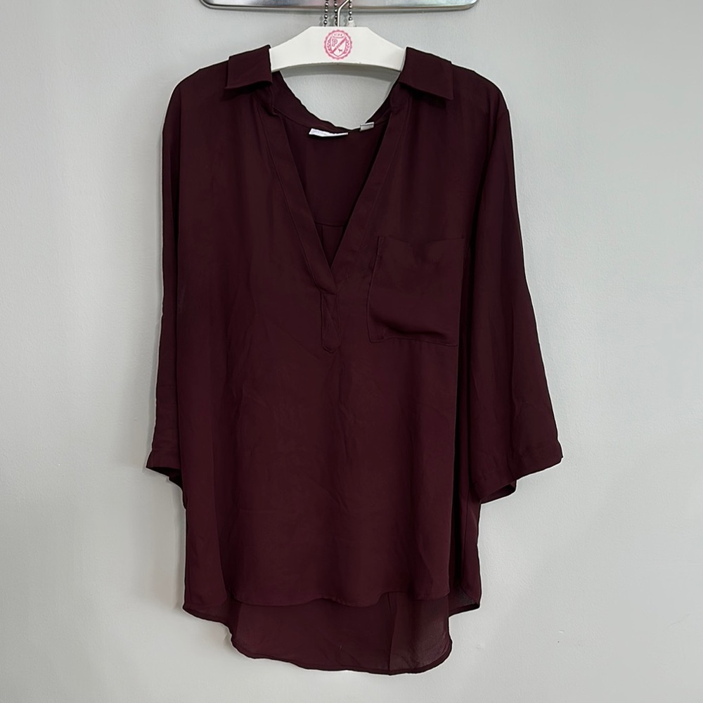 New York & Company Burgundy Three Quarter Sleeve Blouse